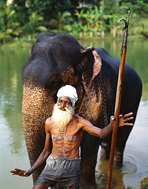 Elephant trainer, Pinnawala Elephant Orphanage, near Kandy, Sri Lanka, Asia