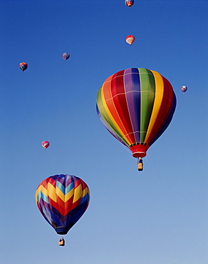 Colourful hot air balloons in blue sky, Albuquerque, New Mexico, United States of America, North America