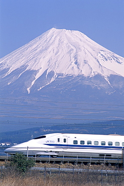 Mount Fuji and Bullet Train (Shinkansen), Honshu, Japan, Asia