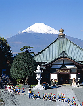 Temple and school children, Mount Fuji, Honshu, Japan, Asia