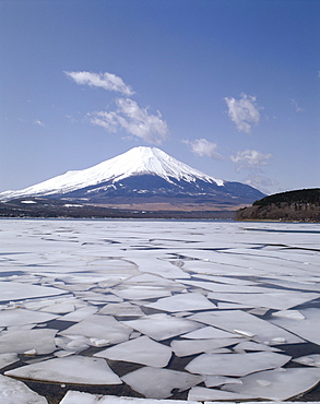 Mount Fuji, frozen Lake Yamanaka, Honshu, Japan, Asia