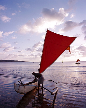 Outrigger boat at sunset, Kuta Beach, Bali, Indonesia, Southeast Asia, Asia