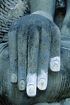 Detail of hand of the seated Buddha statue, Wat Si Chum, Sukhothai, UNESCO World Heritage Site, Thailand, Southeast Asia, Asia