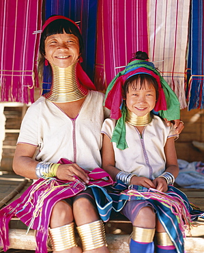 Long-neck mother and daughter, Padaung tribe, Mae Hong Son, Golden Triangle, Thailand, Southeast Asia, Asia