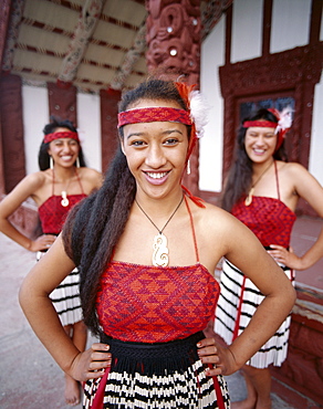 Maori girls dressed in Maori costume, Rotorua, North Island, New Zealand, Pacific