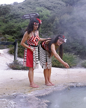 Maori women cooking in hot spring, Rotorua, North Island, New Zealand, Pacific