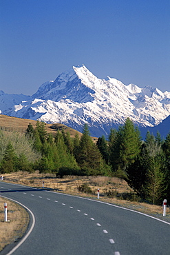 Mount Cook and empty road, The Southern Alps, South Island, New Zealand, Pacific