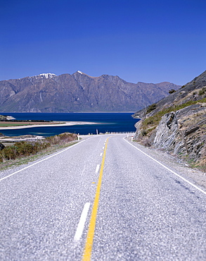 Road with Lake Hawea and The Southern Alps Mountain Ranges, Wanaka, South Island, New Zealand, Pacific