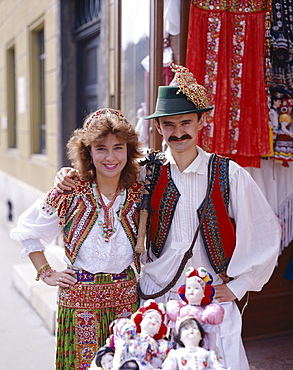 Couple dressed in traditional Hungarian costume, Budapest, Hungary, Europe