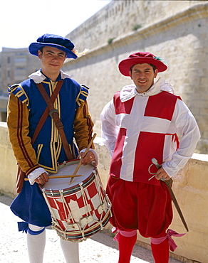 Men dressed in historic costume, Fort St. Elmo, Valetta, Malta, Europe