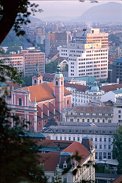 City skyline and Franciscan Church, Ljubljana, Slovenia, Europe