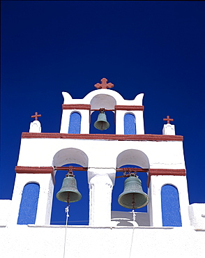 Bells on church facade, Thira (Fira), Santorini, Cyclades Islands, Greek Islands, Greece, Europe