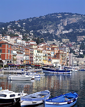 Harbour and fishing boats, Villefranche-sur-Mer, near Nice, Provence, Cote d'Azur, French Riviera, France, Mediterranean, Europe