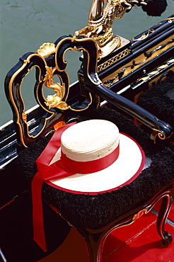 Gondoliers hat and detail of gondola, Venice, Veneto, Italy, Europe