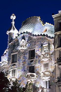 Casa Batllo at night, by Antoni Gaudi, Barcelona, Catalonia, Spain, Europe