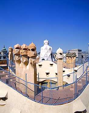 Rooftop and chimneys, Casa Mila (La Pedrera), by Antoni Gaudi, UNESCO World Heritage Site, Barcelona, Catalonia, Spain, Europe