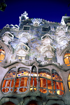 Casa Batllo at night, by Antoni Gaudi, Barcelona, Catalonia, Spain, Europe