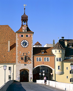 The Stone Bridge (Steinere Brucke) and Clock Tower, Regensburg, Bavaria, Germany, Europe