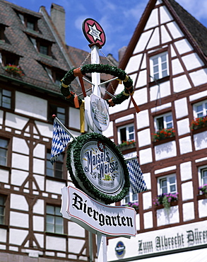 Biergarten (beer garden) sign, Bavaria, Franconia, Germany, Europe 