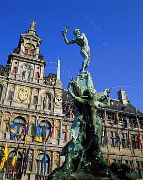 Brabo Fountain and Town Hall, Antwerp, Flanders, Belgium, Europe