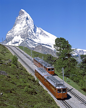 Matterhorn and Alpine railway trains, Zermatt, Alps, Switzerland, Europe