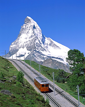 Matterhorn and Alpine railway trains, Zermatt, Alps, Switzerland, Europe