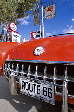 Route 66, Red Chevrolet Corvette 1957 Car at Gas Station, Hackberry, Arizona, United States of America, North America