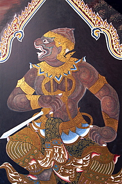 Detail of murals depicting scenes from the Ramakian, Wat Phra Kaew, Bangkok, Thailand, Southeast Asia, Asia