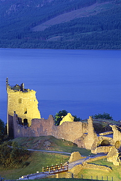 Loch Ness and Urquhart Castle at night, Highlands, Scotland, United Kingdom, Europe