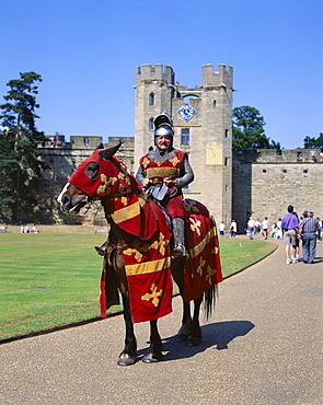 Warwick Castle and knight on horseback, Warwick, Warwickshire, England, United Kingdom, Europe