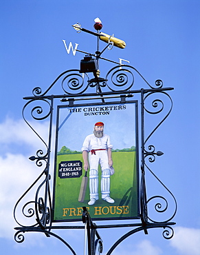 W. G. Grace featured on The Cricketers pub sign, Duncton, West Sussex, England, United Kingdom, Europe