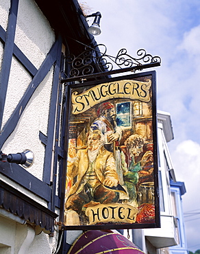 Smugglers Hotel pub sign, Newlyn, Cornwall, England, United Kingdom, Europe