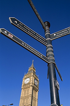 Big Ben and signpost, London, England, United Kingdom, Europe