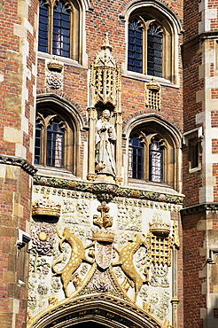 Carved detail on facade of the front gate, St. Johns College, Cambridge, Cambridgeshire, England, United Kingdom, Europe