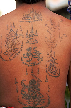 Tattoos on man's back, Thailand, Southeast Asia, Asia