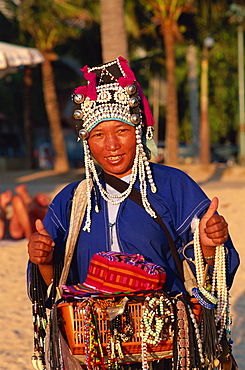 Hilltribe souvenir vendor on Pattaya Beach, Pattaya, Thailand, Southeast Asia, Asia