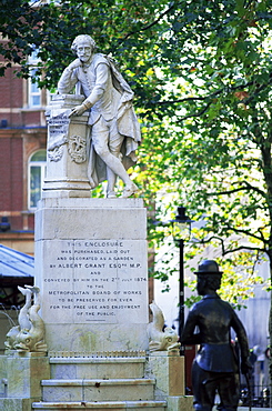 Charlie Chaplin statue and Shakespeare statue, Leicester Square, London, England, United Kingdom, Europe