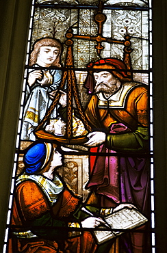 Stained glass window depicting the weighing of silver, Guildhall, City of London, London, England, United Kingdom, Europe