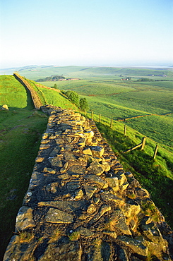 View near Housesteads Roman Fort, Hadrians Wall, UNESCO World Heritage Site, Northumberland, England, United Kingdom, Europe