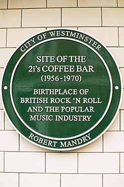 The Birthplace of British Rock'n Roll, 2i's Coffee Bar plaque, Soho, London, England, United Kingdom, Europe