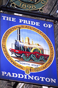 The Pride of Paddington pub sign, London, England, United Kingdom, Europe