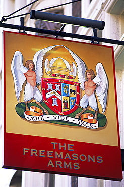 The Freemasons Arms pub sign, London, England, United Kingdom, Europe