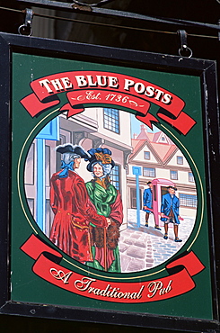 The Blue Posts pub sign, London, England, United Kingdom, Europe