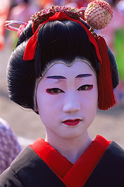 Young girl dressed as a geisha at the Jidai Matsuri Festival held annually in November at Sensoji Temple, Asakusa, Tokyo, Japan, Asia