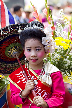 Portrait of girl in traditional Thai costume at the Chiang Mai Flower Festival, Chiang Mai, Thailand, Southeast Asia, Asia