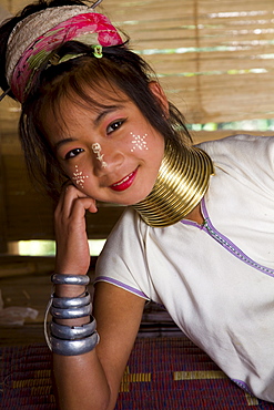 Portrait of Long Neck Karen hill tribe girl, Chiang Rai, Golden Triangle, Thailand, Southeast Asia, Asia