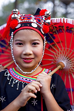 Meo hilltribe girl wearing traditional costume, Golden Triangle, Thailand, Southeast Asia, Asia