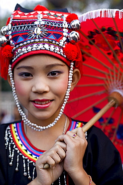 Meo hilltribe girl wearing traditional costume, Golden Triangle, Thailand, Southeast Asia, Asia