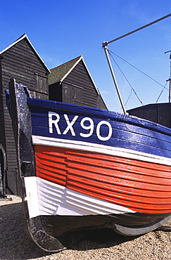 Fishing boat and net huts in Hastings Old Town, Hastings, East Sussex, England, United Kingdom, Europe