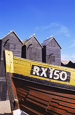 Fishing boat and net huts in Hastings Old Town, Hastings, East Sussex, England, United Kingdom, Europe